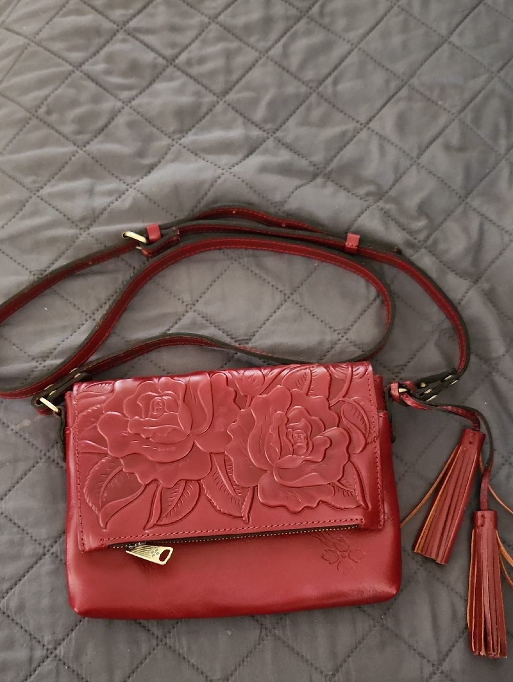 Patricia Nash Red Floral Embossed Leather Crossbody with Tassels
